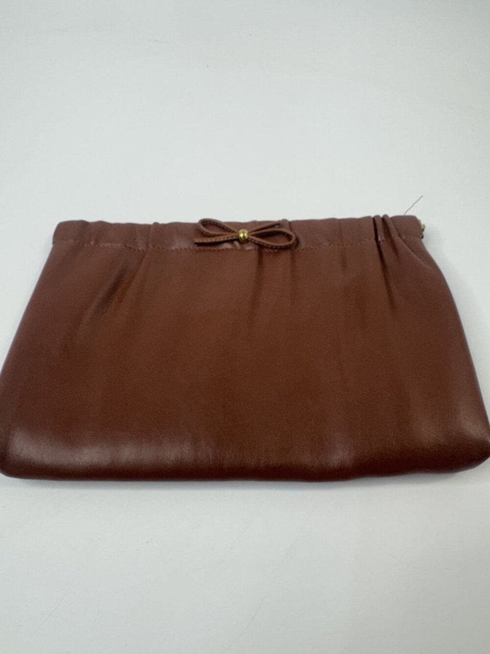 Brown Faux Leather Clutch Purse With Bow Accent & Satin Interior